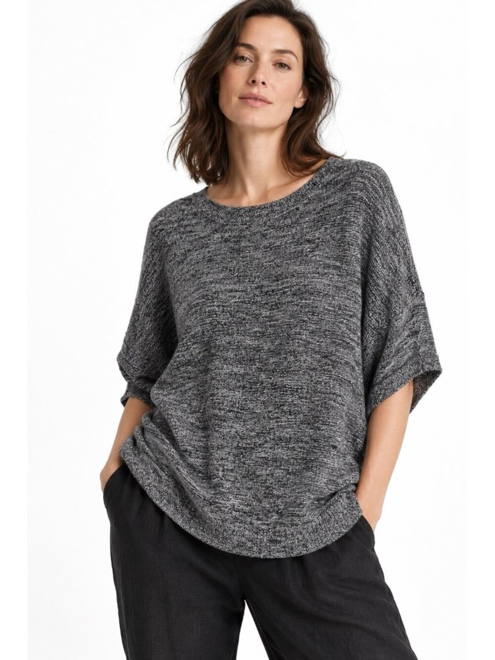 EILEEN FISHER short sleeve sweater marled charcoal gray XL 100% organic cotton